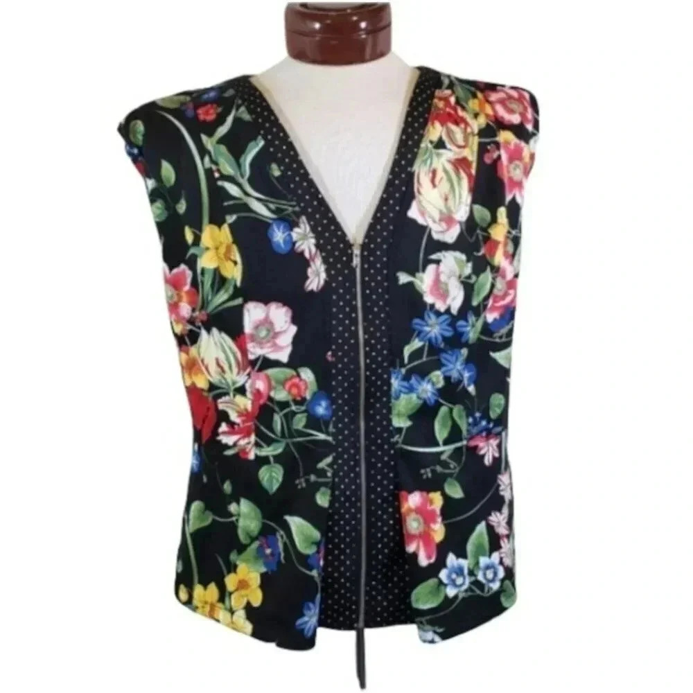 7th Avenue Design Studio Top XL Black Floral Peplum Zip Front Polka Dot Trim